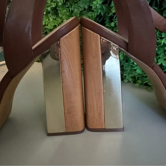 Aldo Priyah 1091435 Chestnut with Wood & Gold Block Heels Women's Size 11 - Picture 10 of 14